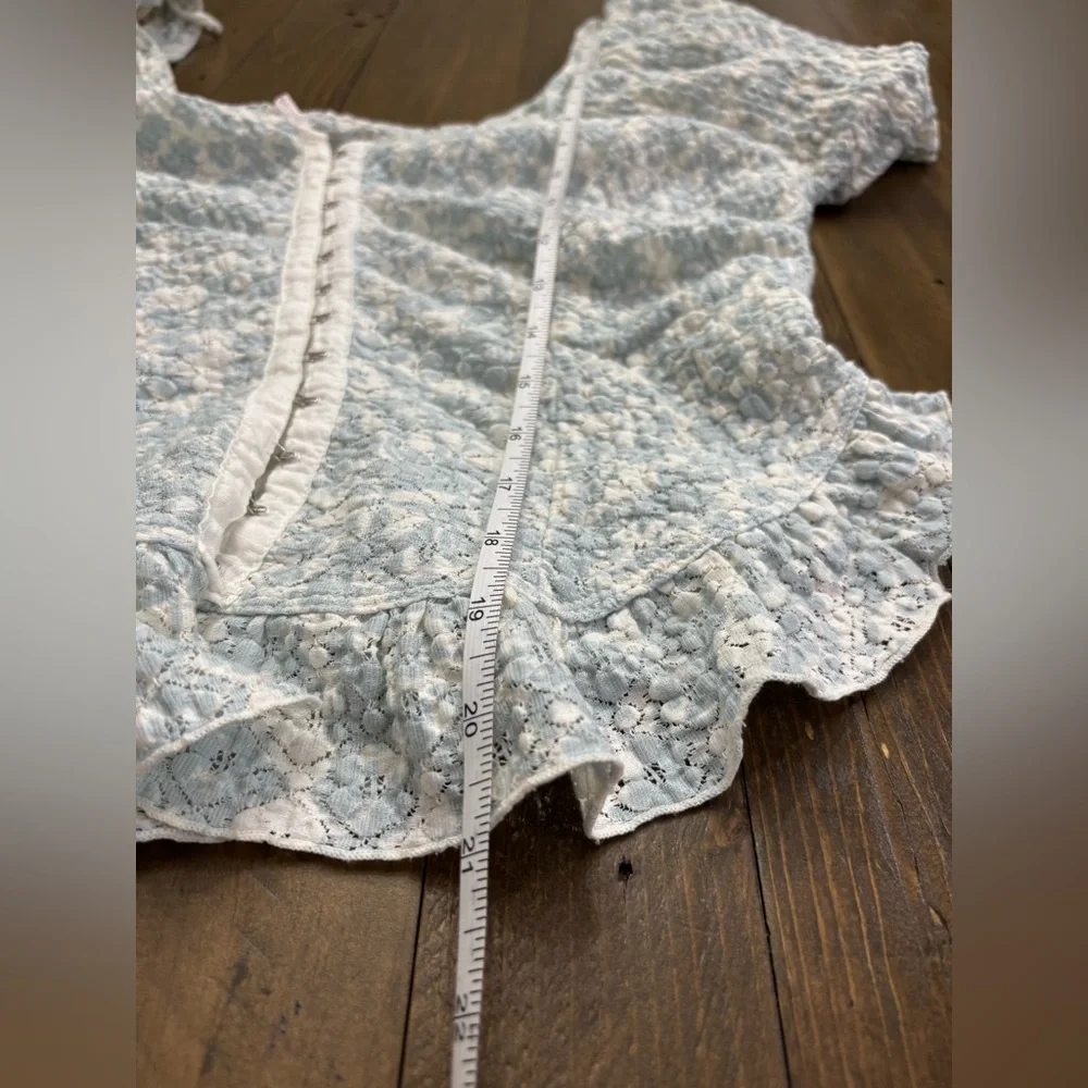 Free People Oh Baby Puff-Sleeve Lace Blouse in Blue and Cream
